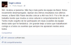 Cagê Lisboa postou em seu perfil no Facebbok