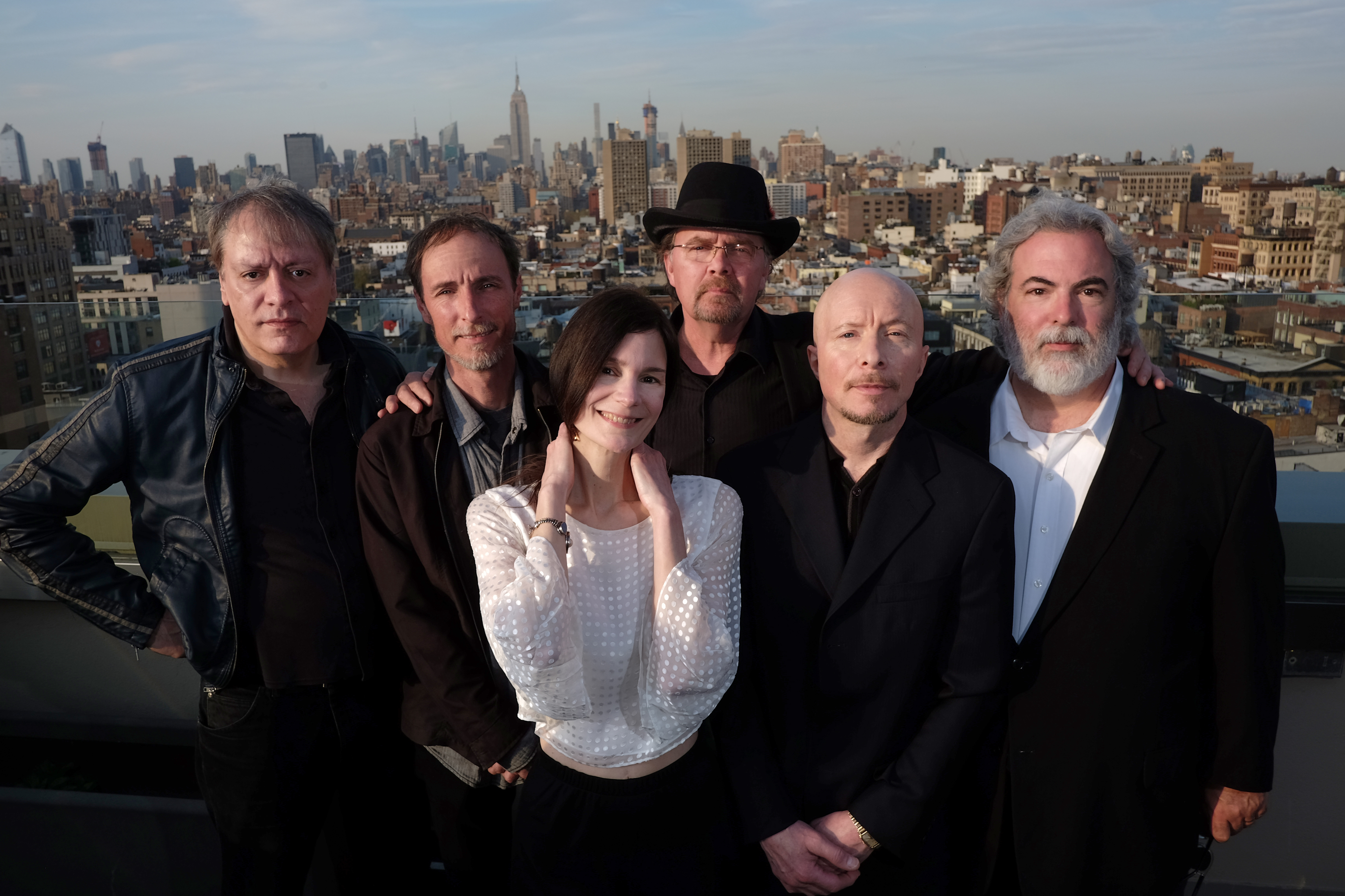 (L-R) John Lombardo, Jeff Erickson, Mary Ramsey, Steve Gustafson, Jerry Augustyniak, and Dennis Drew, of the 10,000 Maniacs pose for a portrait at the Sheraton Tribeca Hotel in Manhattan, New York on Thursday, April 21, 2016. (Thomas Levinson/New York Daily News)